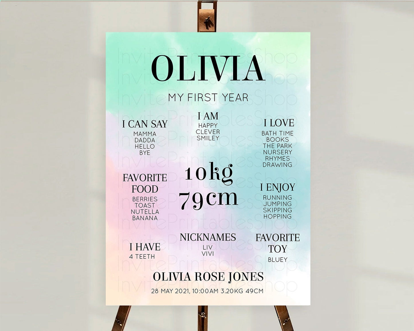 Pastel First Birthday Milestone Board Pastel Rainbow Milestone Poster Colorful Confetti Watercolor Glitter 1st Birthday Welcome Sign D10375