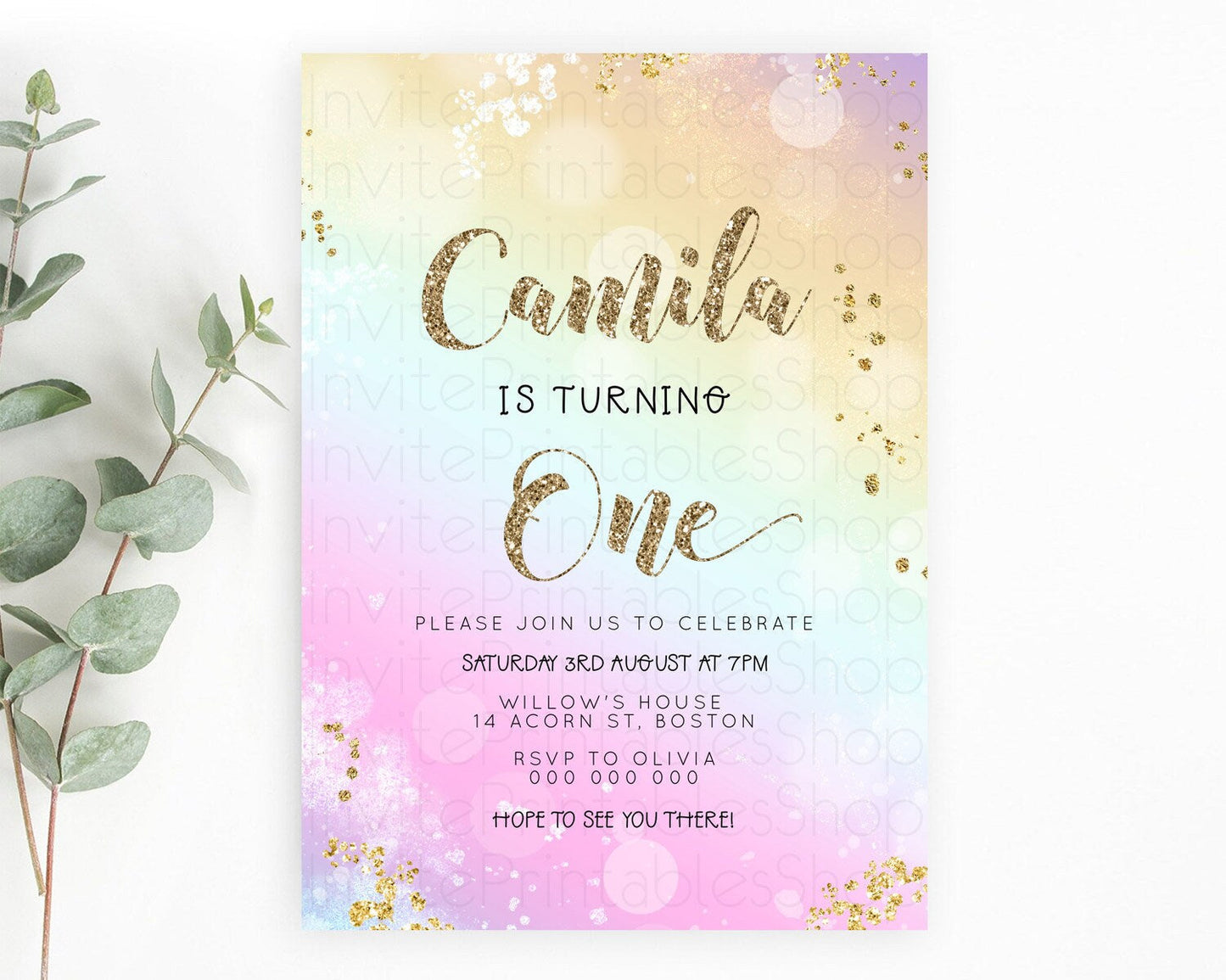 Rainbow Birthday Invitation Colorful Pastel Watercolor Invitation Gold Glitter Sprinkles Ombre Pastel 1st 2nd 3rd Birthday D23120