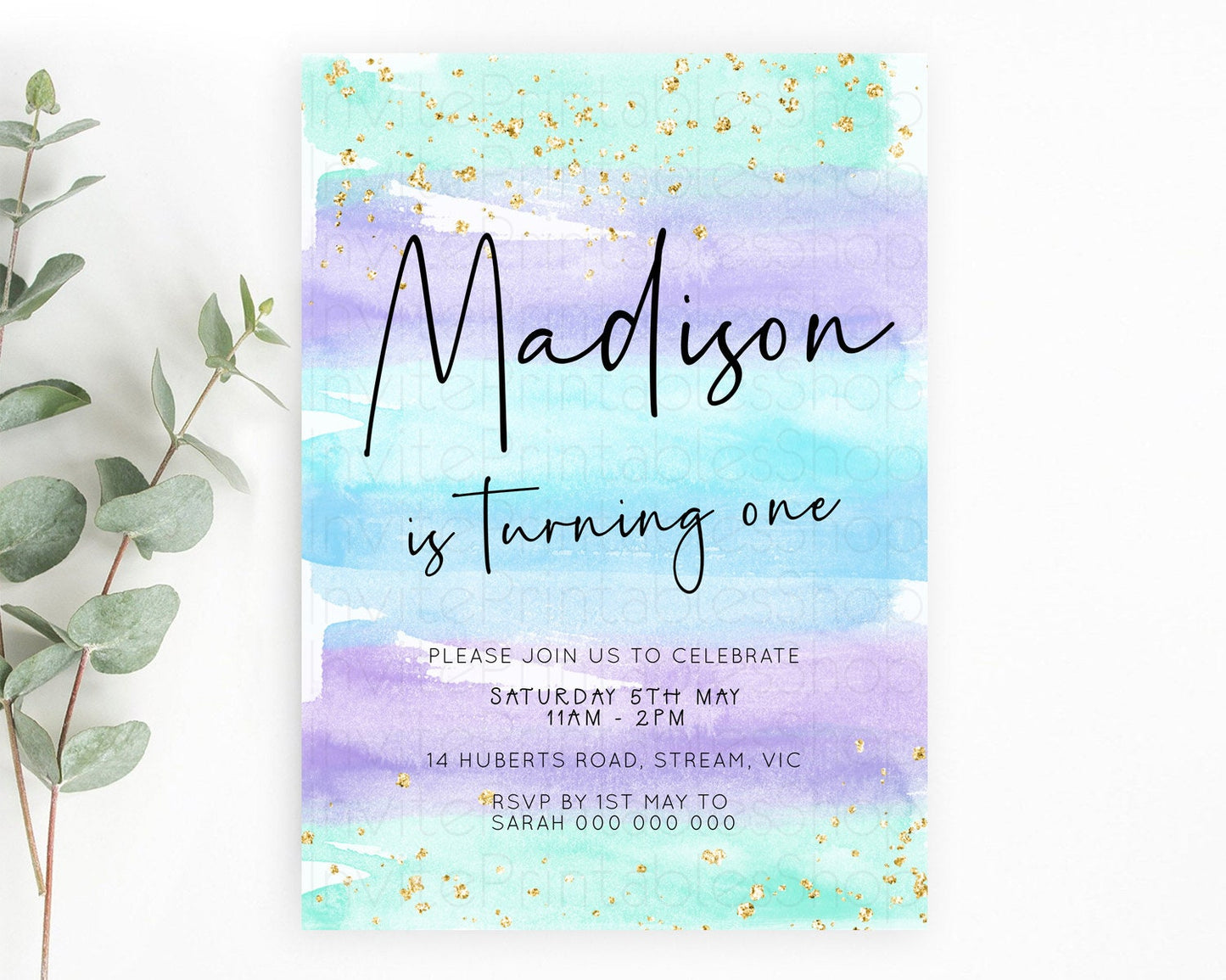 Pastel Birthday Invitation Ombre Watercolor Birthday Invitation Glitter Rainbow Color Splash 1st 2nd 3rd Birthday Invitation D23039