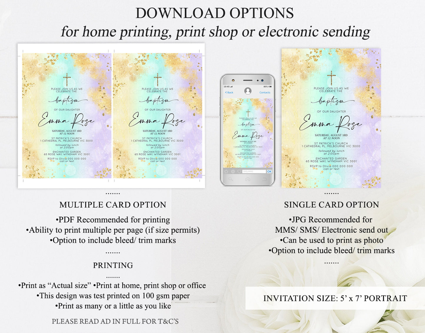 Pastel Baptism Invitation Rainbow Christening Invitation Holy Communion Invite Baptism 1st Birthday Sprinkles Ombre Watercolor Splash 706