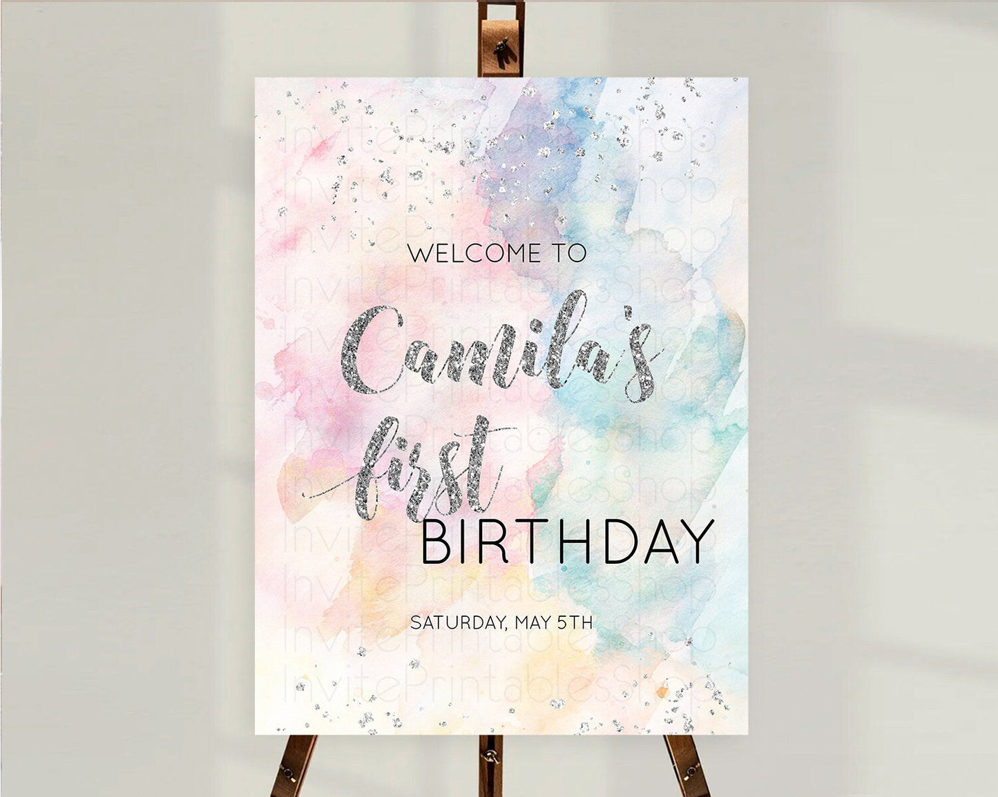 Pastel Rainbow Welcome Sign Pastel Welcome Board Pastel Colorful Party Poster Confetti Watercolor Silver First Birthday Welcome Sign D10944