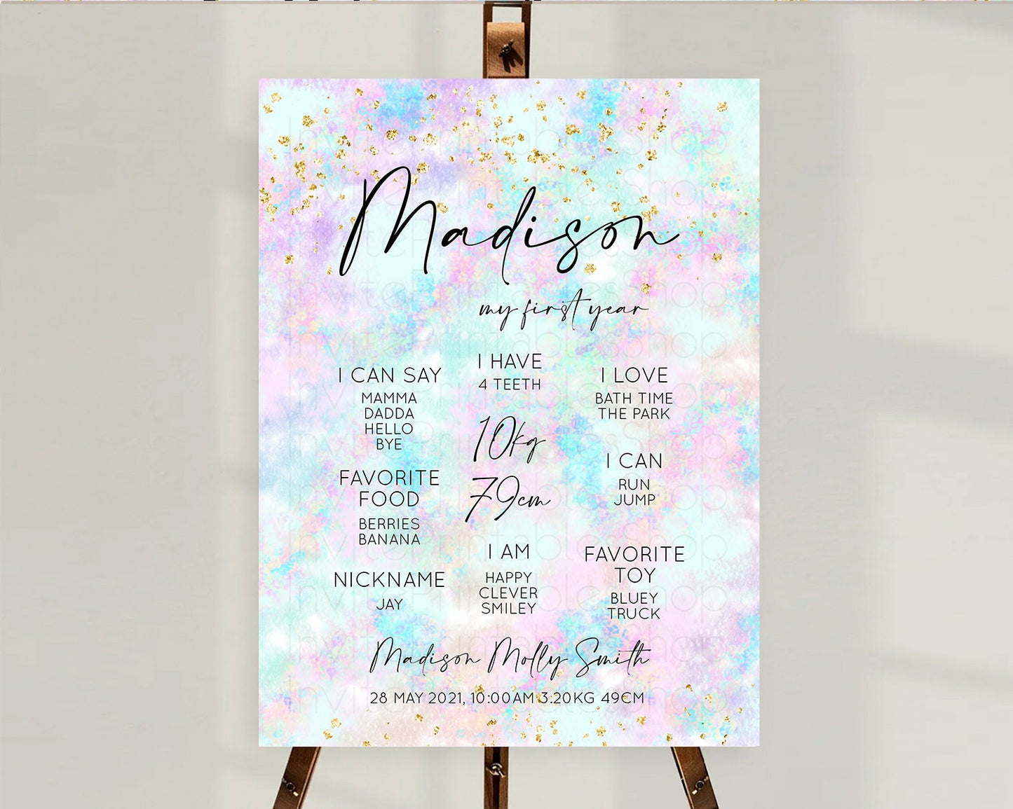 Pastel First Birthday Milestone Board Pastel Rainbow Milestone Poster Colorful Confetti Watercolor Glitter 1st Birthday Welcome Sign D10652