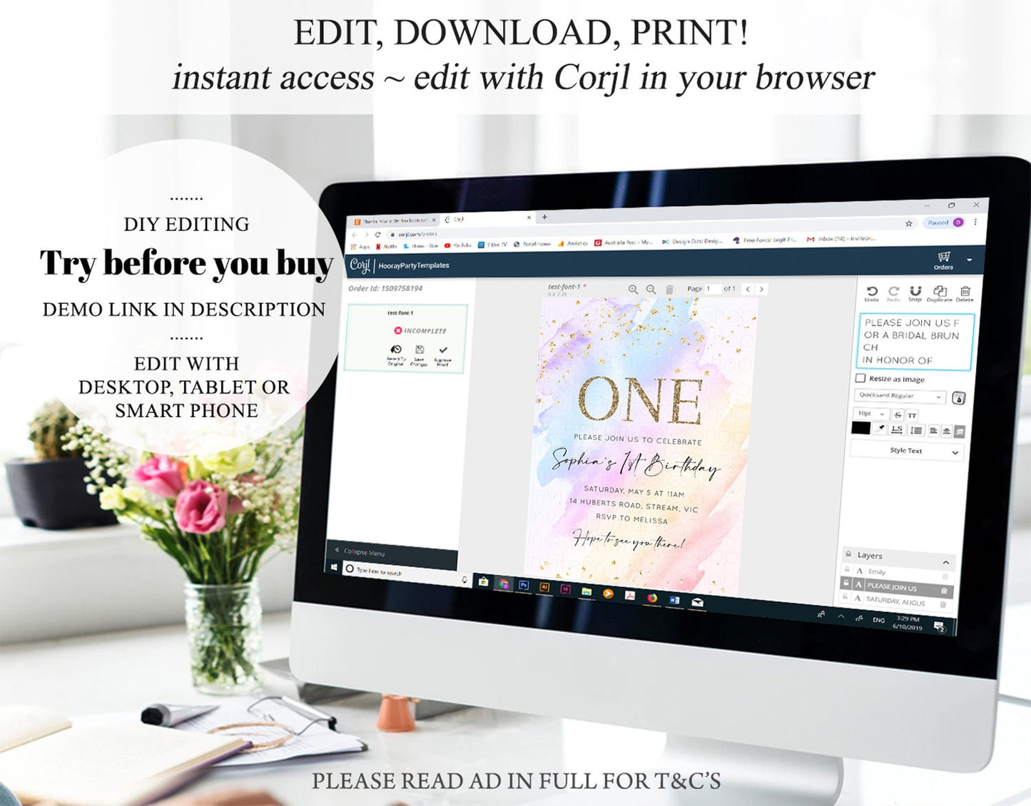 Rainbow Birthday Invitation Glitter Pastel Invitation Colorful Watercolor Gold Foil Splatter Sprinkle Ombre 1st 2nd 3rd Birthday Invite t600