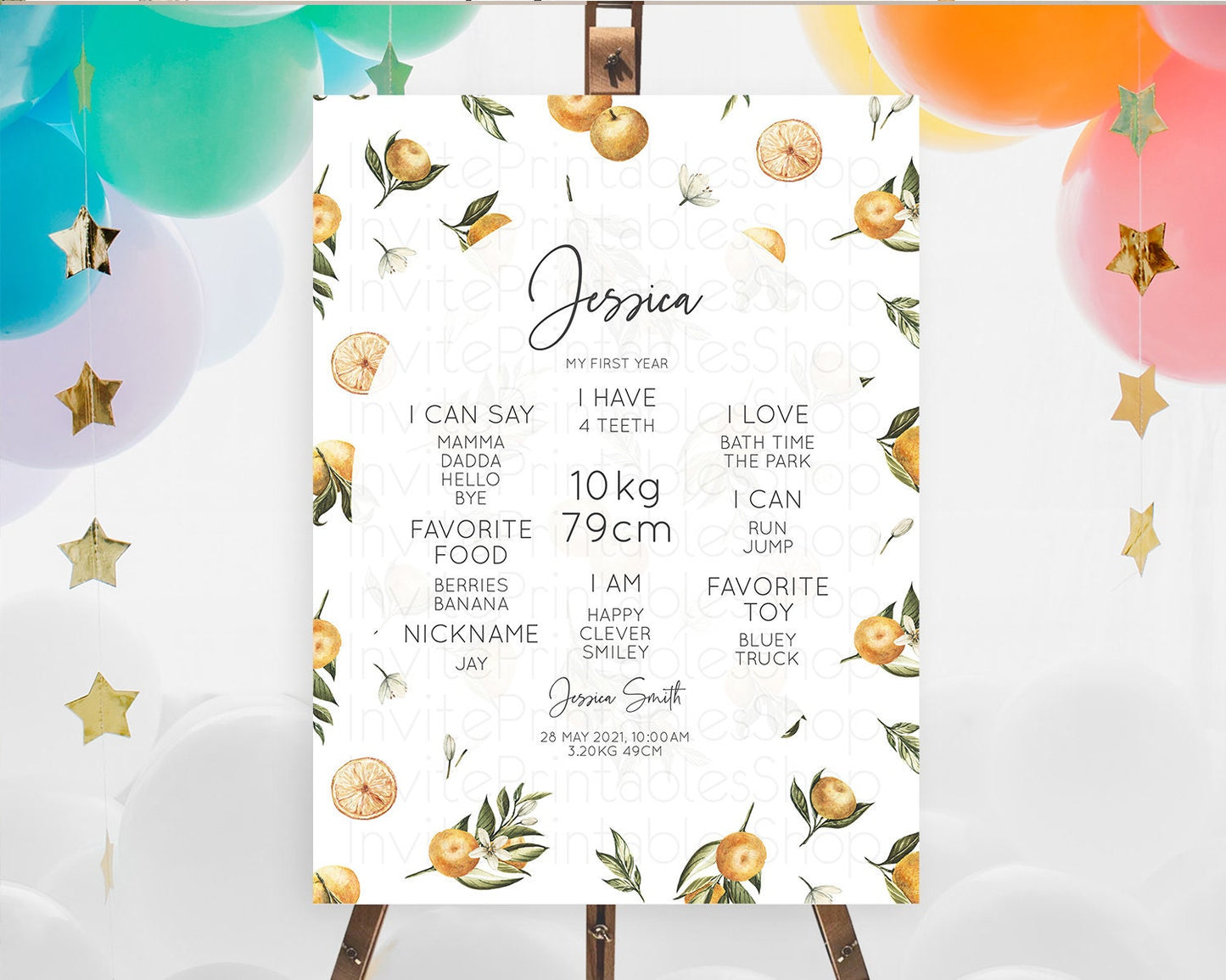 Editable Citrus First Birthday Milestone Board Lemon Milestone Poster Orange