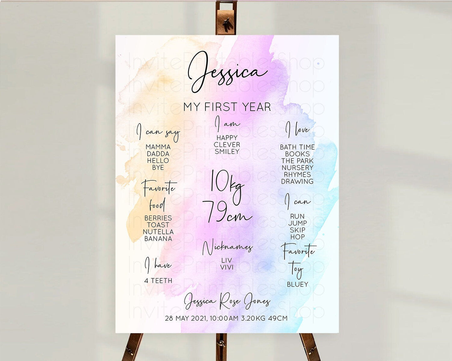 Pastel First Birthday Milestone Board Pastel Rainbow Milestone Poster Colorful Confetti Watercolor Glitter 1st Birthday Welcome Sign D10177