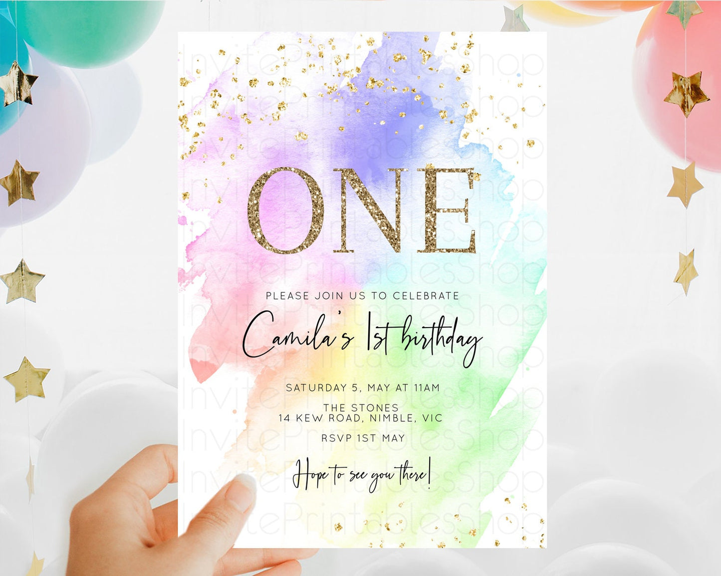 Rainbow Birthday Invitation Colorful Pastel Watercolor Invitation Gold Glitter Sprinkles Ombre Pastel 1st 2nd 3rd Birthday D10316