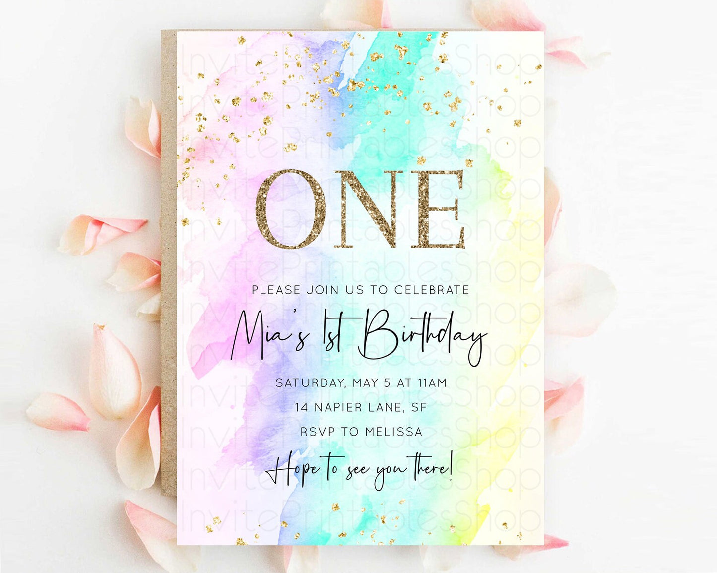 Rainbow Birthday Invitation Colorful Pastel Watercolor Invitation Gold Glitter Sprinkles Ombre Pastel 1st 2nd 3rd Birthday D10231