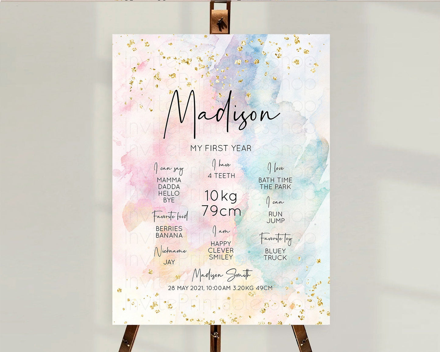 Pastel First Birthday Milestone Board Pastel Rainbow Milestone Poster Colorful Confetti Watercolor Glitter 1st Birthday Welcome Sign D10263