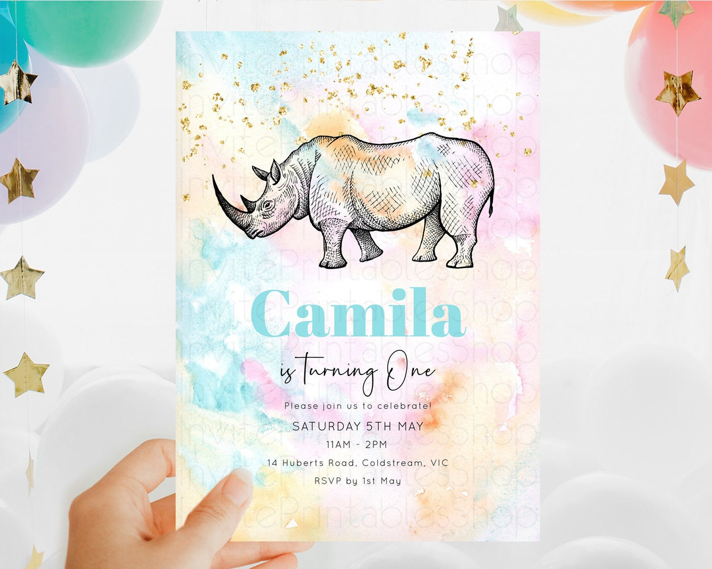 Rhino Birthday Invitation Rhino Invitation Rhino Birthday Pastel Watercolor Rhino Invitation Rainbow Rhino Party First Birthday D10287