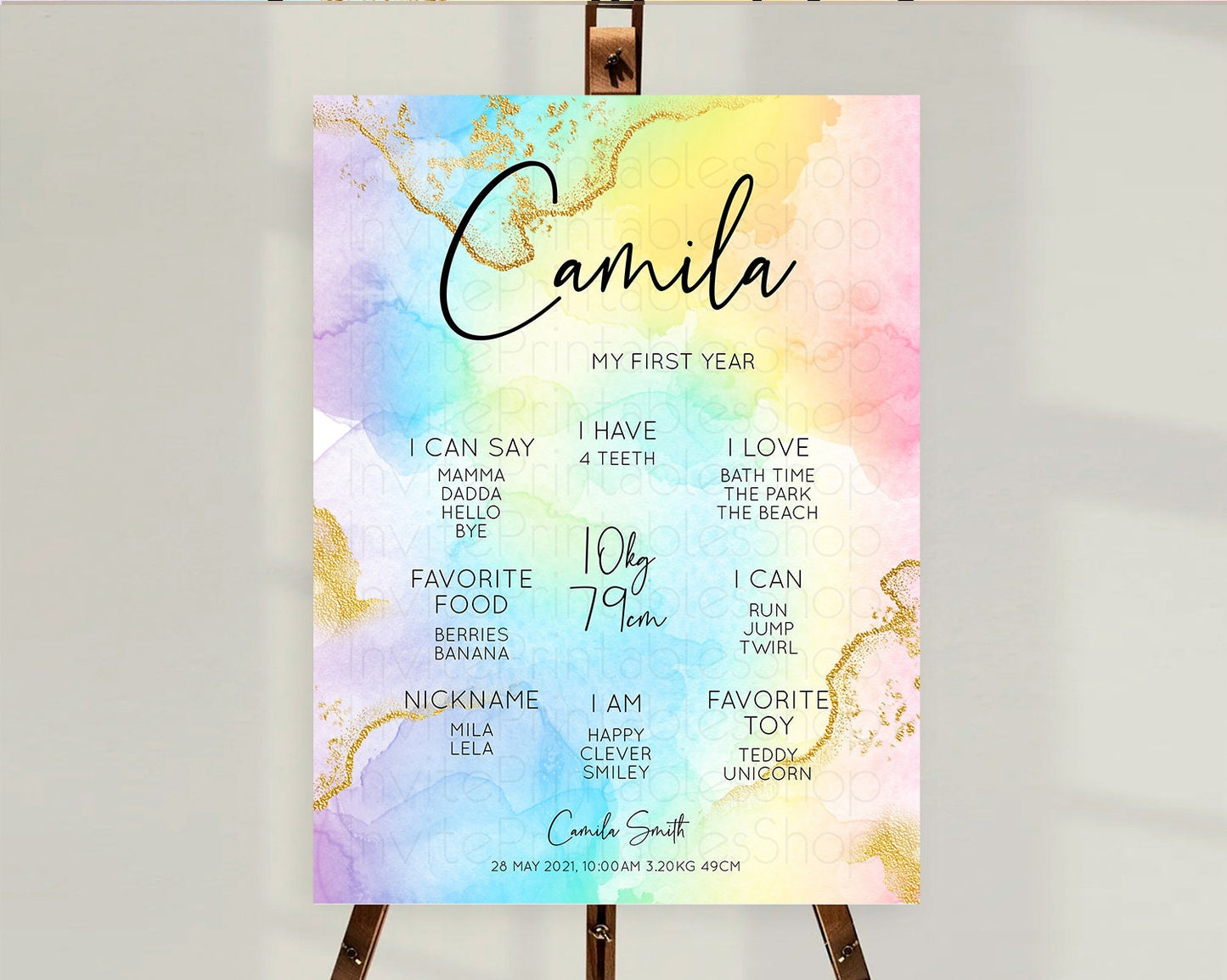 Pastel First Birthday Milestone Board Pastel Rainbow Milestone Poster Colorful Confetti Watercolor Glitter 1st Birthday Welcome Sign D10588