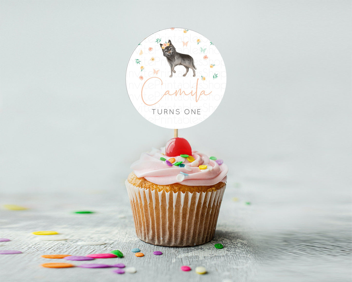 Wolf Cupcake Toppers Wolf Cupcake Pastel Wolf Decor Enchanted Forest Woods Wolf Floral Cupcake Howling Party Cupcake First Birthday D10362
