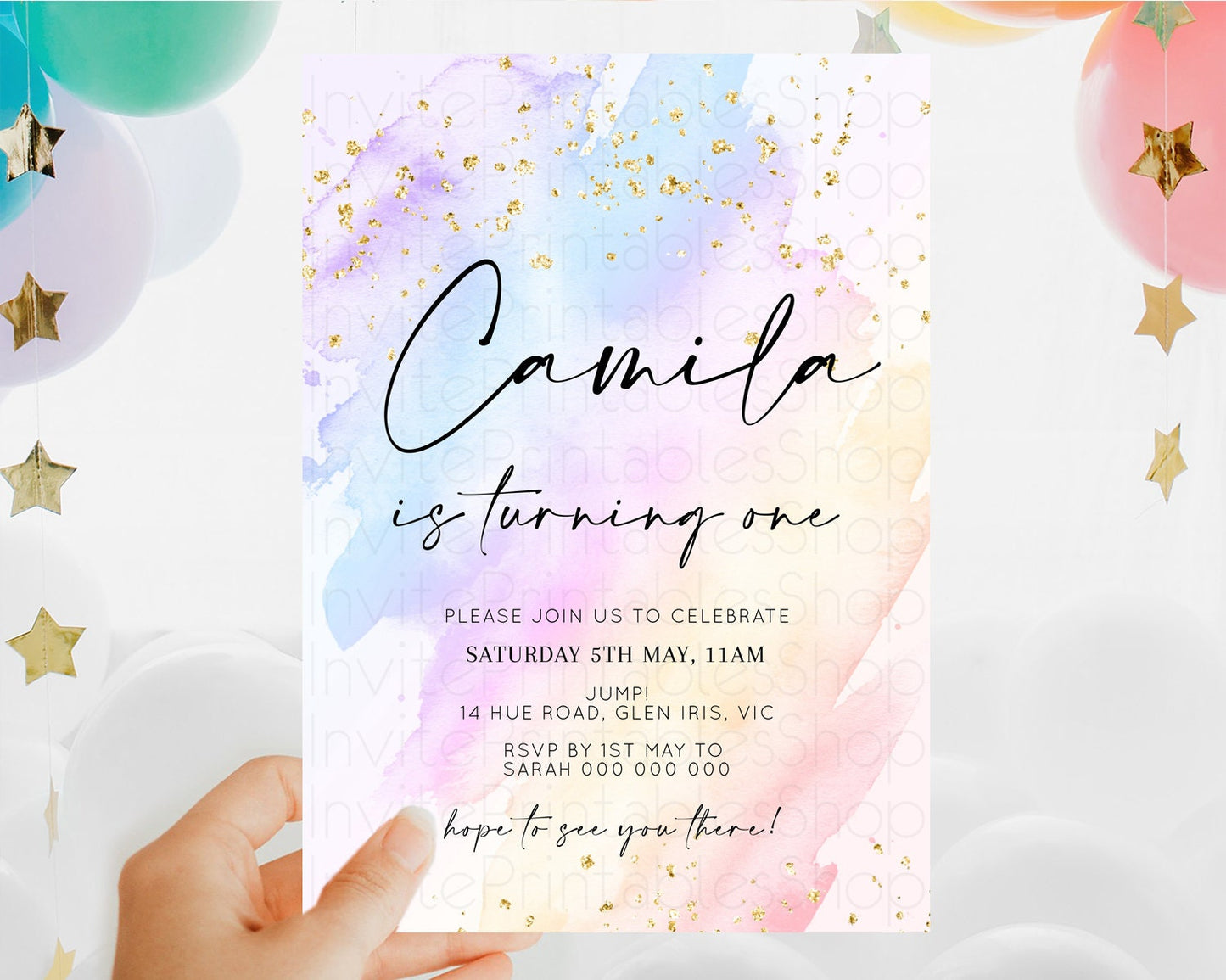 Rainbow Birthday Invitation Colorful Pastel Watercolor Invitation Gold Glitter Sprinkles Ombre Pastel 1st 2nd 3rd Birthday D10635