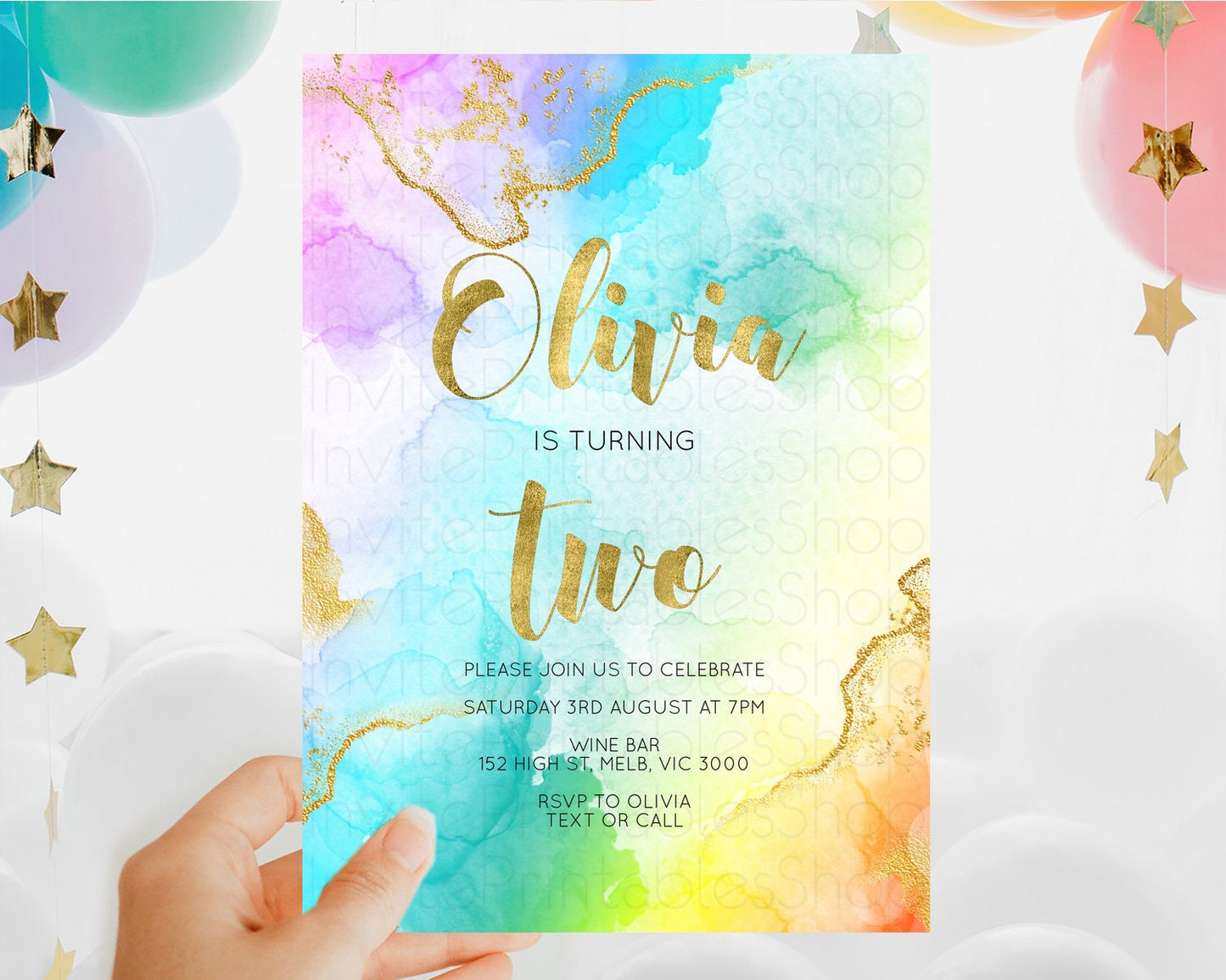 Rainbow Birthday Invitation Colorful Pastel Watercolor Invitation Gold Glitter Sprinkles Ombre Pastel 1st 2nd 3rd Birthday D10392