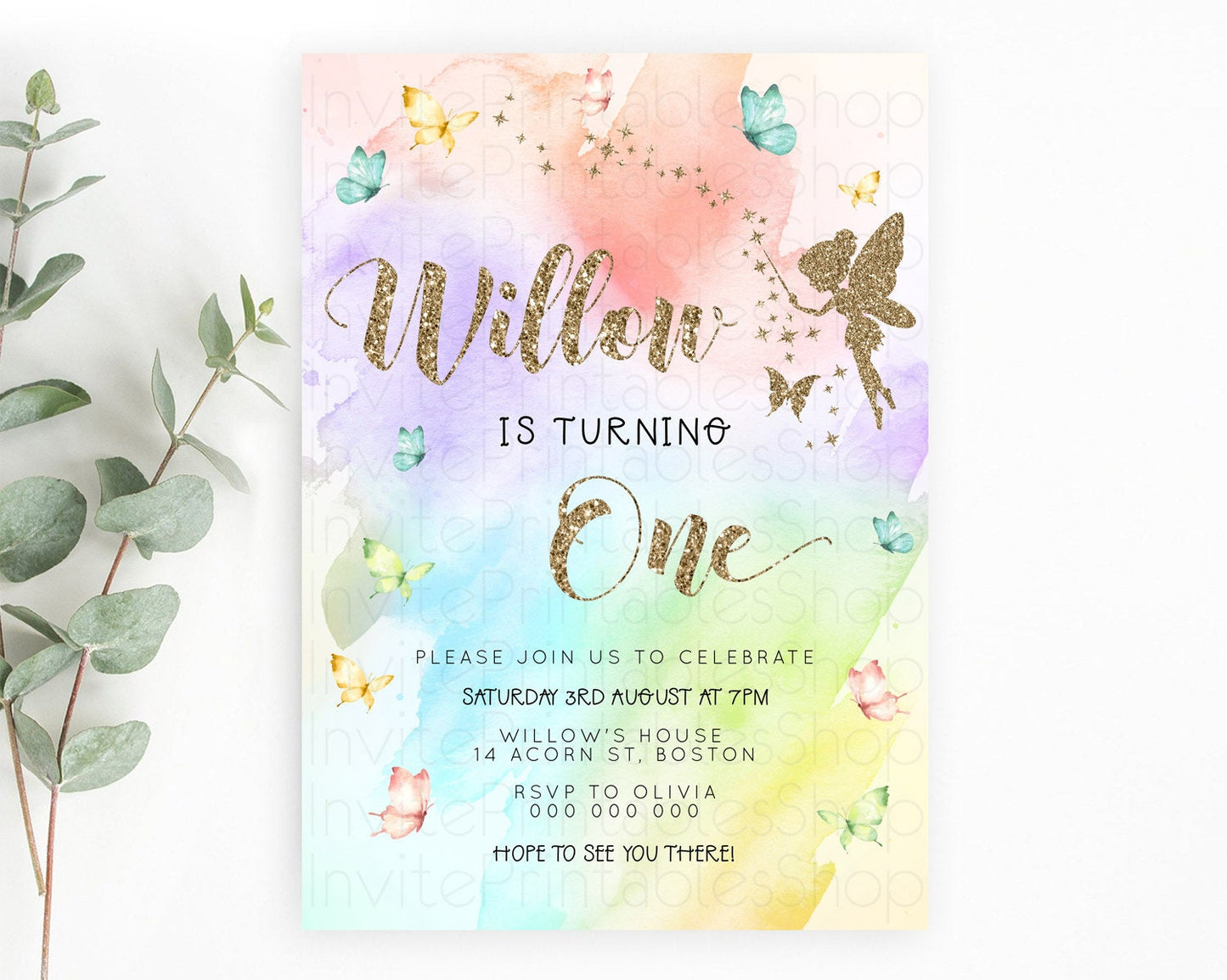 Pastel Fairy Birthday Invitation Pastel Butterflies Fairy Birthday Invitation Rainbow Ombre Watercolor 1st 2nd Birthday Invitation D23349