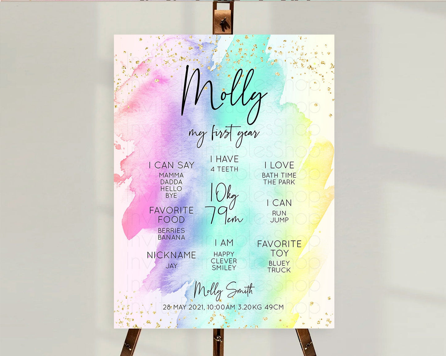 Pastel First Birthday Milestone Board Pastel Rainbow Milestone Poster Colorful Confetti Watercolor Glitter 1st Birthday Welcome Sign D10231