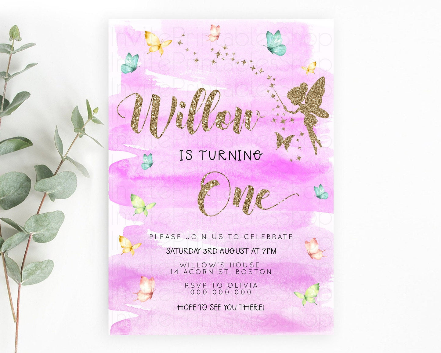 Pastel Fairy Birthday Invitation Pastel Butterflies Fairy Birthday Invitation Rainbow Ombre Watercolor 1st 2nd Birthday Invitation D23326