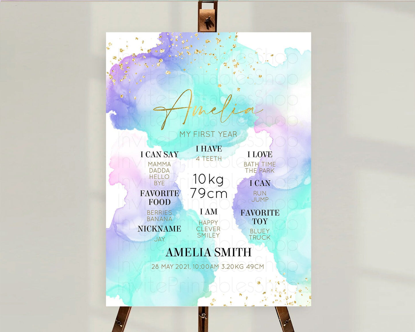 Pastel First Birthday Milestone Board Pastel Rainbow Milestone Poster Colorful Confetti Watercolor Glitter 1st Birthday Welcome Sign D10212
