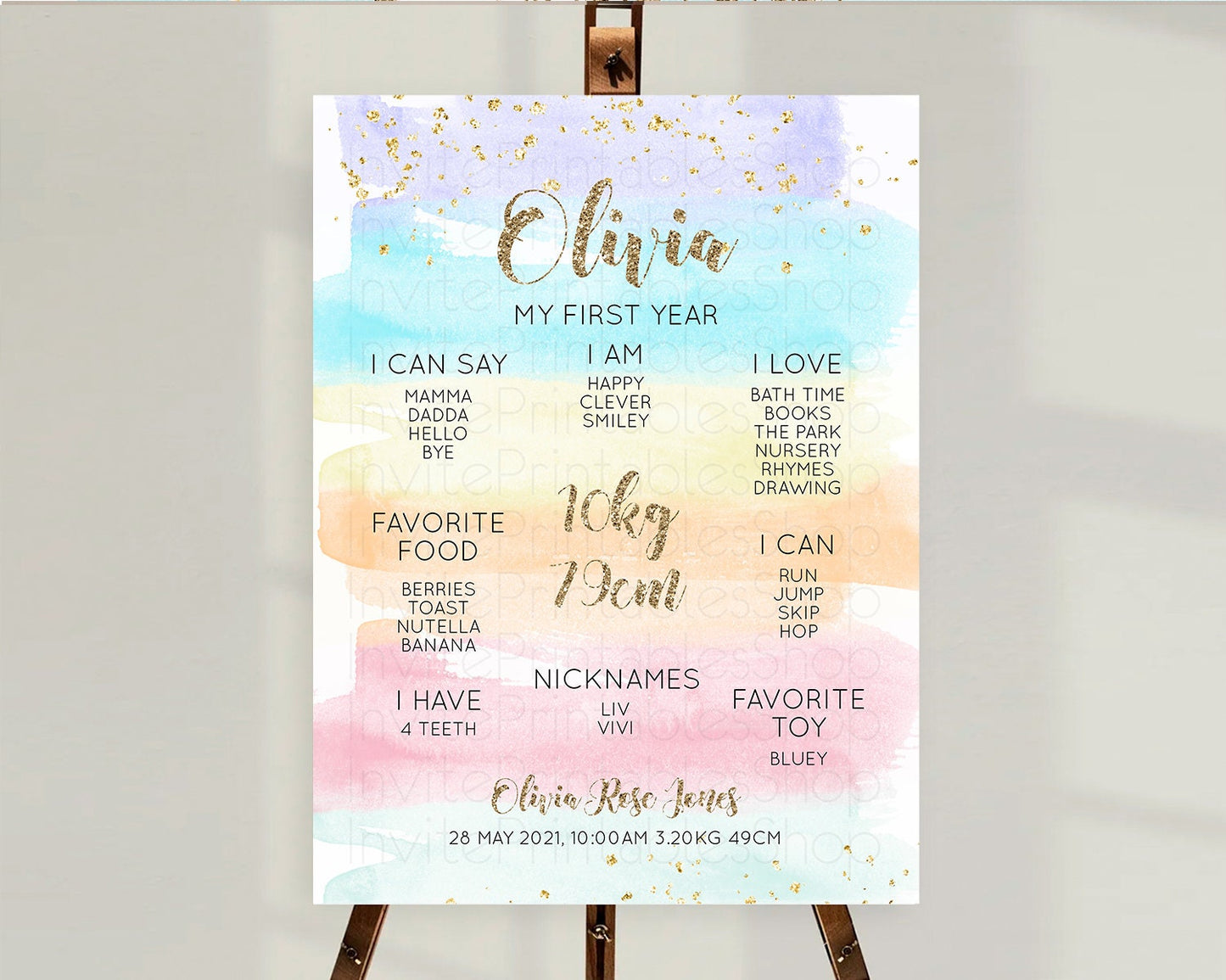 Pastel First Birthday Milestone Board Pastel Rainbow Milestone Poster Colorful Confetti Watercolor Glitter 1st Birthday Welcome Sign D10508