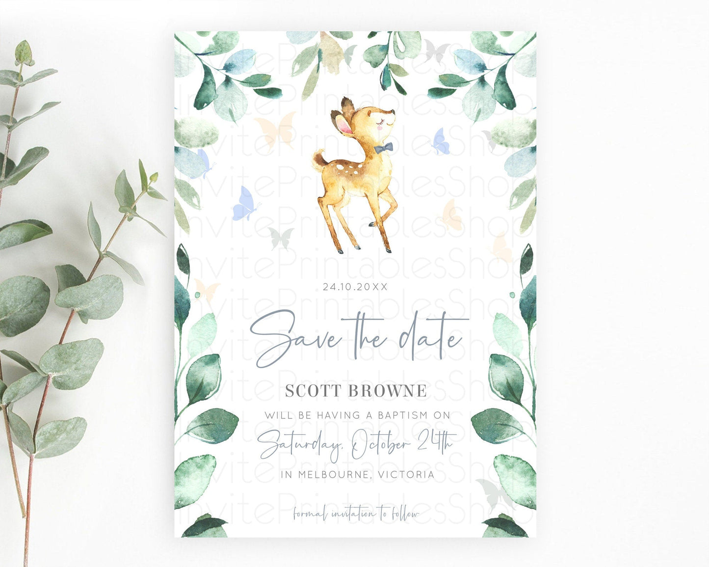 Fawn Deer Save The Date Template Pastel Floral Deer Enchanted Forest Butterfly Party 1st Birthday Baptism Baby Shower Bridal Shower D10767