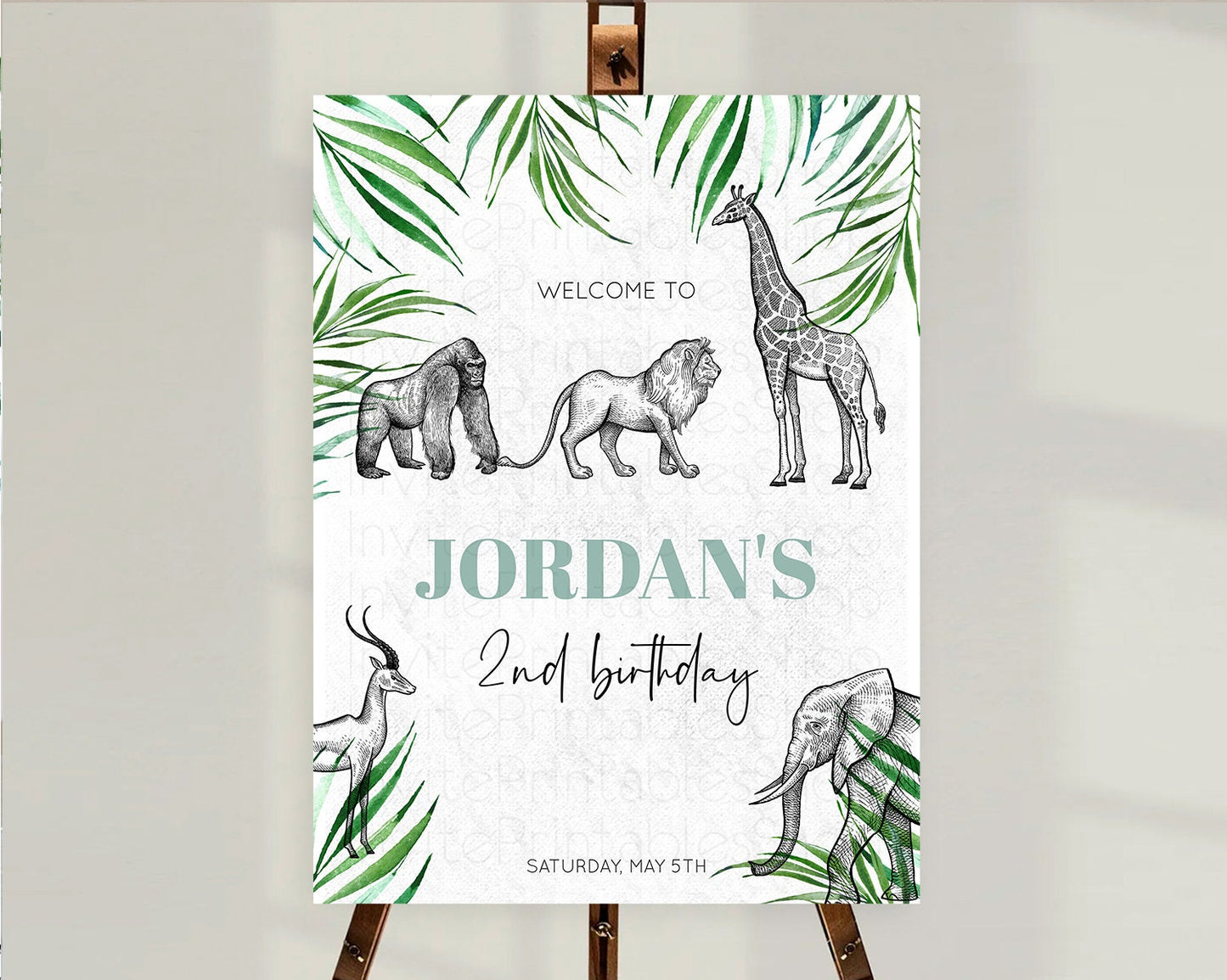 Safari Welcome Sign Safari Welcome Board Lion Gorilla Elephant Rhino Tropical Palm Zoo Party Decor First Birthday Welcome Sign D10853