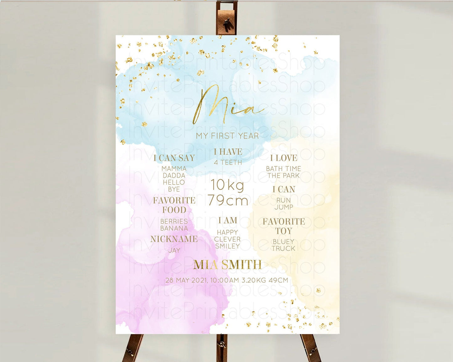 Pastel First Birthday Milestone Board Pastel Rainbow Milestone Poster Colorful Confetti Watercolor Glitter 1st Birthday Welcome Sign D10204