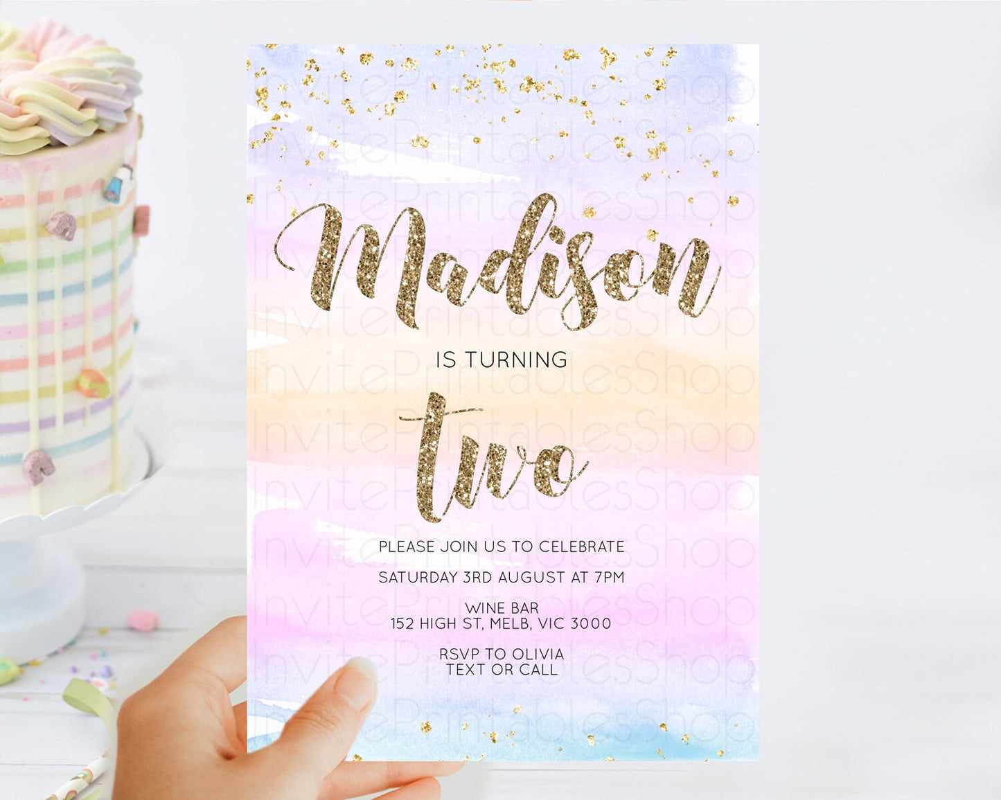 Rainbow Birthday Invitation Colorful Pastel Watercolor Invitation Gold Glitter Sprinkles Ombre Pastel 1st 2nd 3rd Birthday D10595