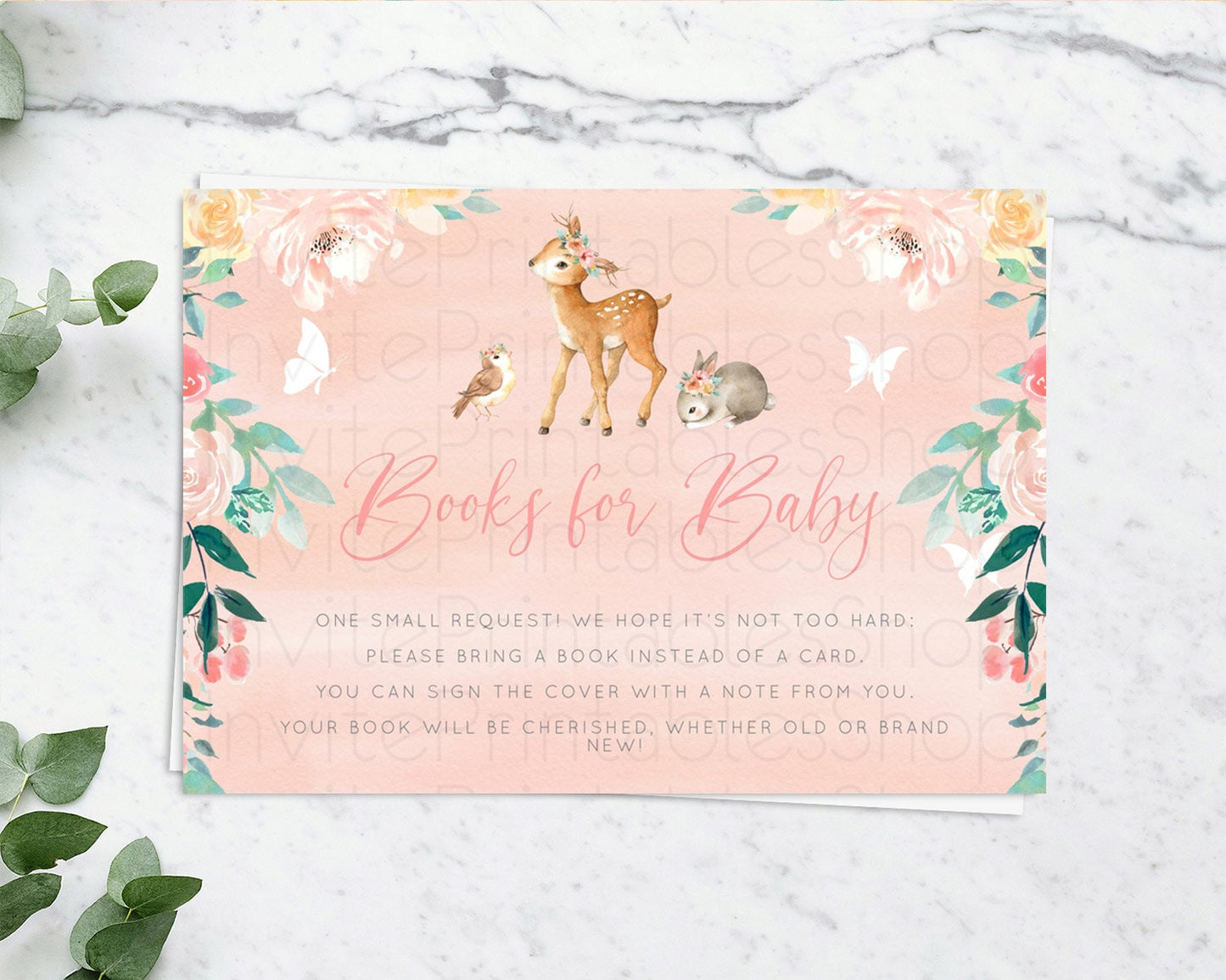 Fawn Books For Baby Card Deer Book Insert Floral Deer Book Card Enchanted Forest Butterfly Pastel Baby Shower Book Poem Request D10921