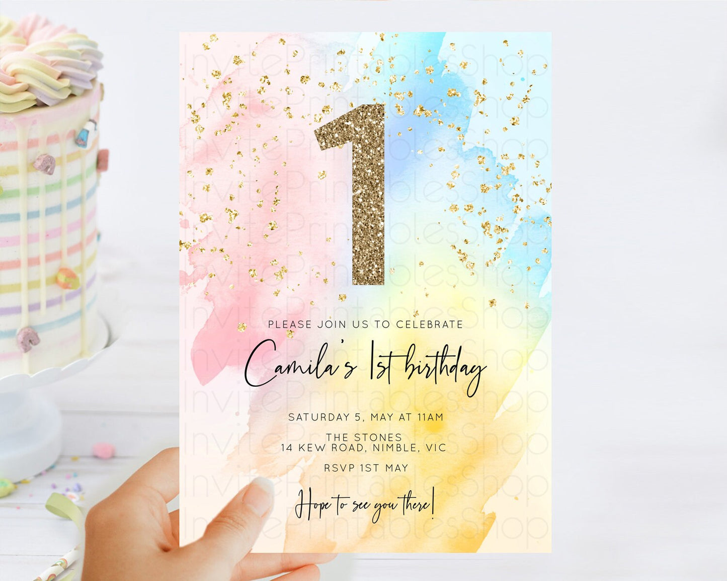 Rainbow Birthday Invitation Colorful Pastel Watercolor Invitation Gold Glitter Sprinkles Ombre Pastel 1st 2nd 3rd Birthday D10557