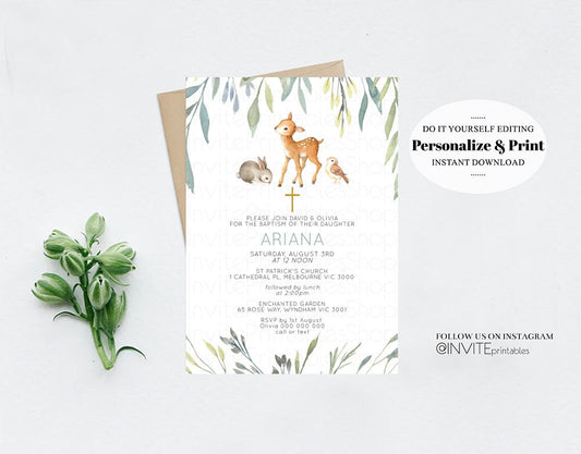Editable Leaf Deer Baptism Invitation Enchanted Garden Christening Invitatio