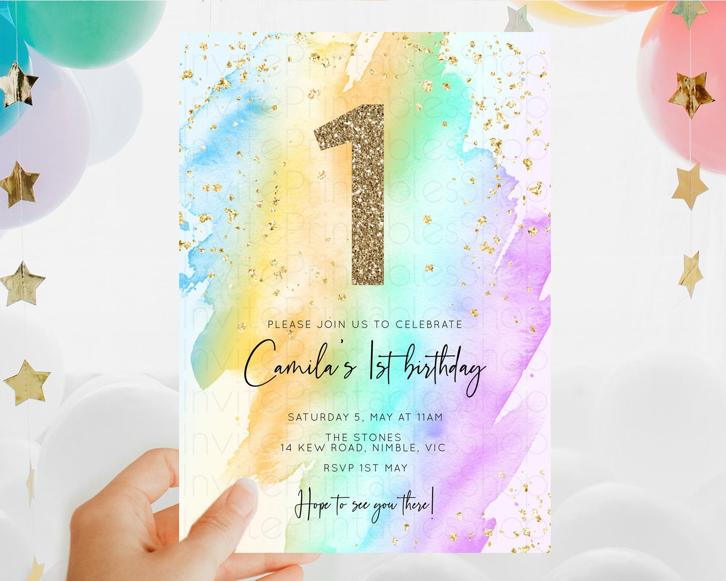 Rainbow Birthday Invitation Colorful Pastel Watercolor Invitation Gold Glitter Sprinkles Ombre Pastel 1st 2nd 3rd Birthday D10425