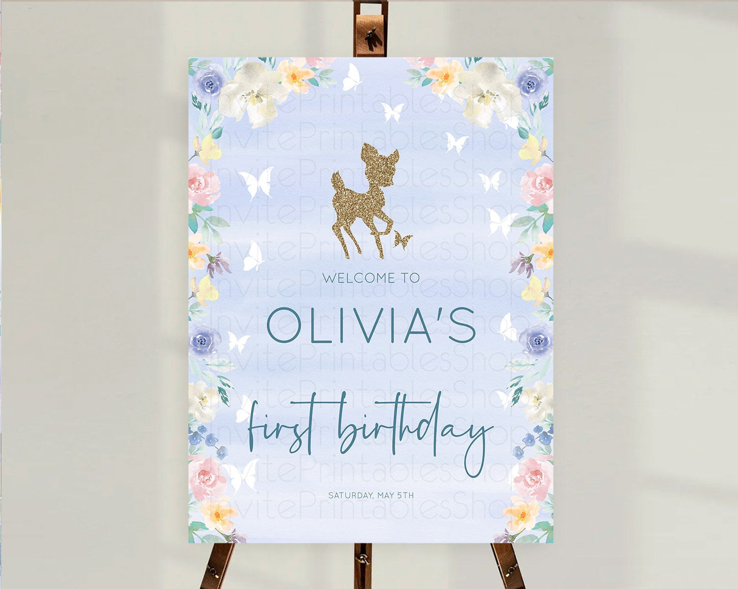 Fawn Welcome Sign Deer Welcome Board Floral Deer Welcome Poster Enchanted Forest Butterfly Pastel Floral First Birthday Welcome Sign D10879
