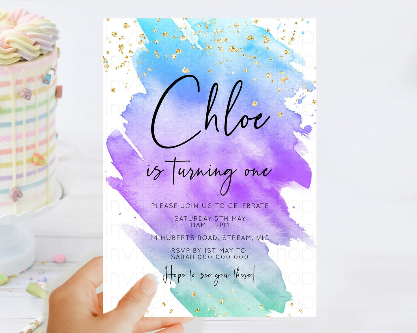 Rainbow Birthday Invitation Colorful Pastel Watercolor Invitation Gold Glitter Sprinkles Ombre Pastel 1st 2nd 3rd Birthday D10491