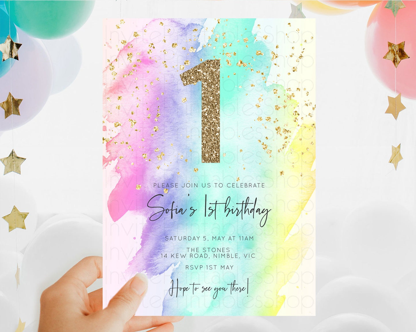 Rainbow Birthday Invitation Colorful Pastel Watercolor Invitation Gold Glitter Sprinkles Ombre Pastel 1st 2nd 3rd Birthday D10231