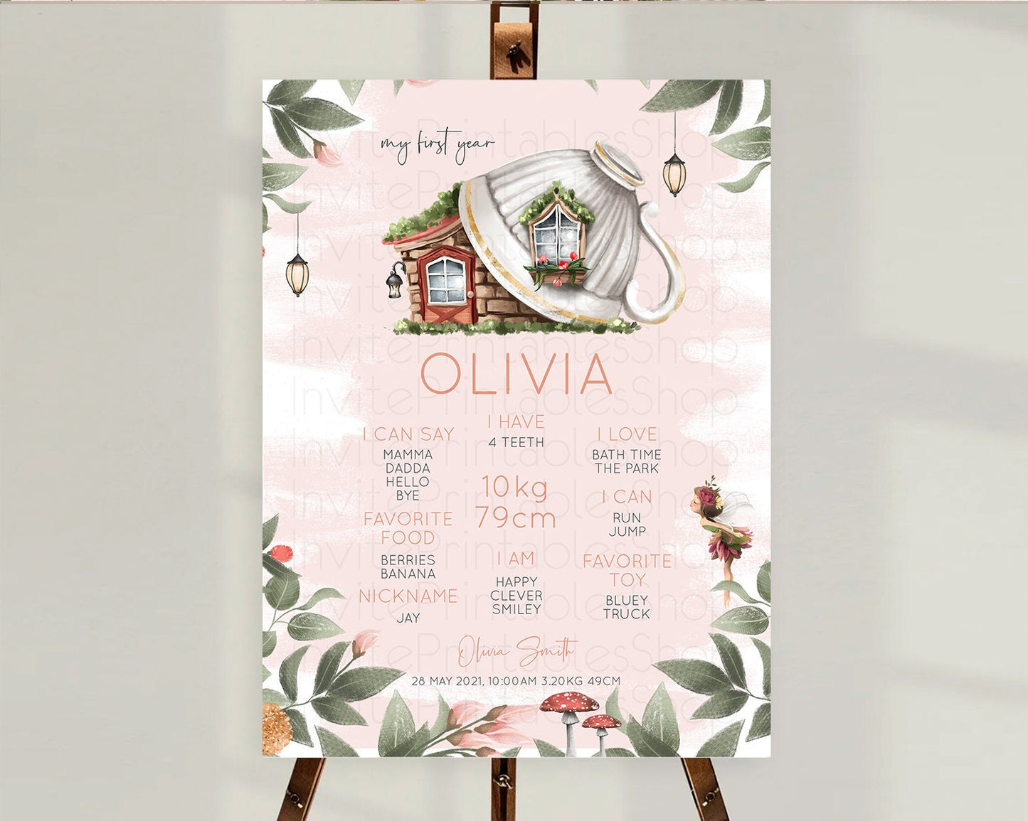 Fairy First Birthday Milestone Poster Fairy Secret Garden Milestone Board Enchanted Garden Pastel Floral Butterfly 1st Birthday Sign D10563