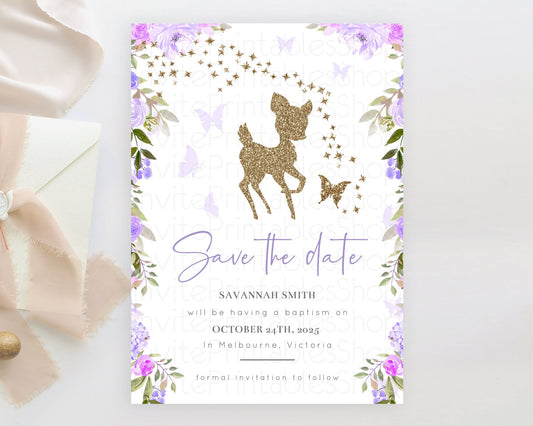 Editable Fawn Deer Save The Date Template Pastel Floral Deer Enchanted Fores