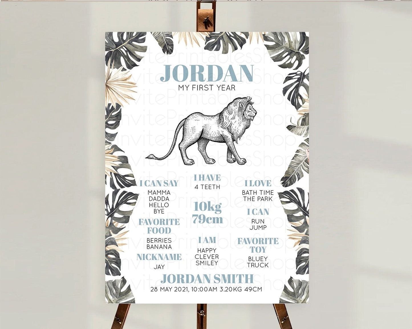 Lion First Birthday Milestone Board Lion Milestone Poster Lion Decor Safari Adventure Palm Leaf Lion First Birthday Welcome Sign D10807