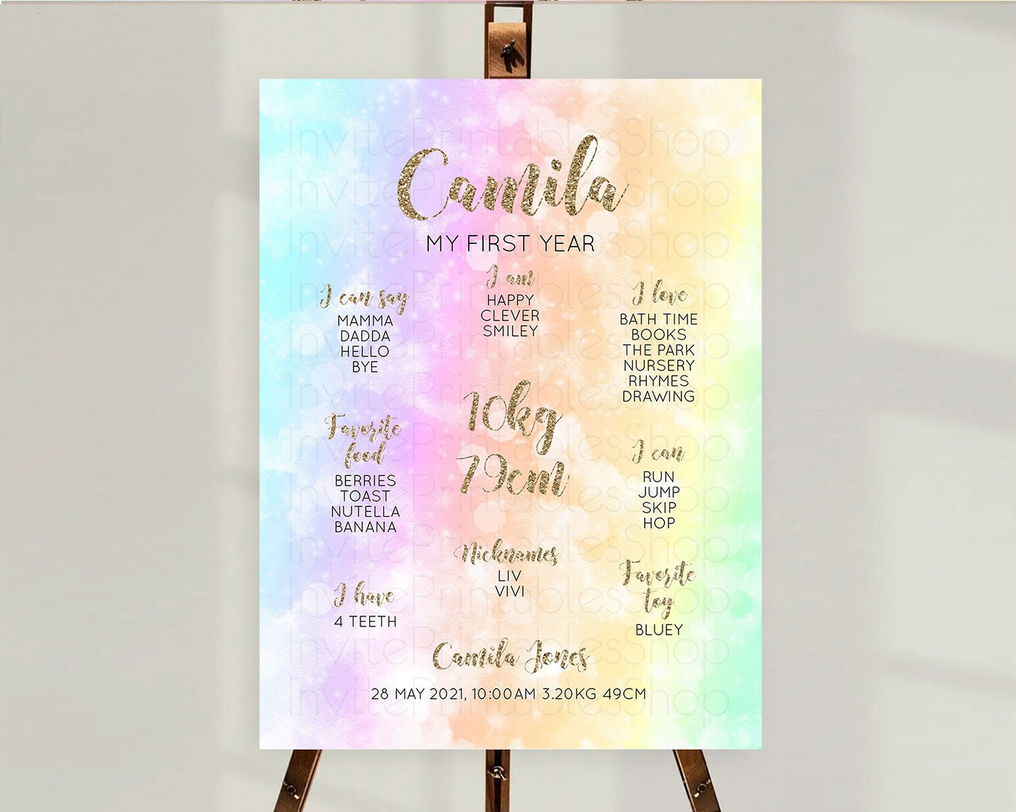 Pastel First Birthday Milestone Board Pastel Rainbow Milestone Poster Colorful Confetti Watercolor Glitter 1st Birthday Welcome Sign D10648