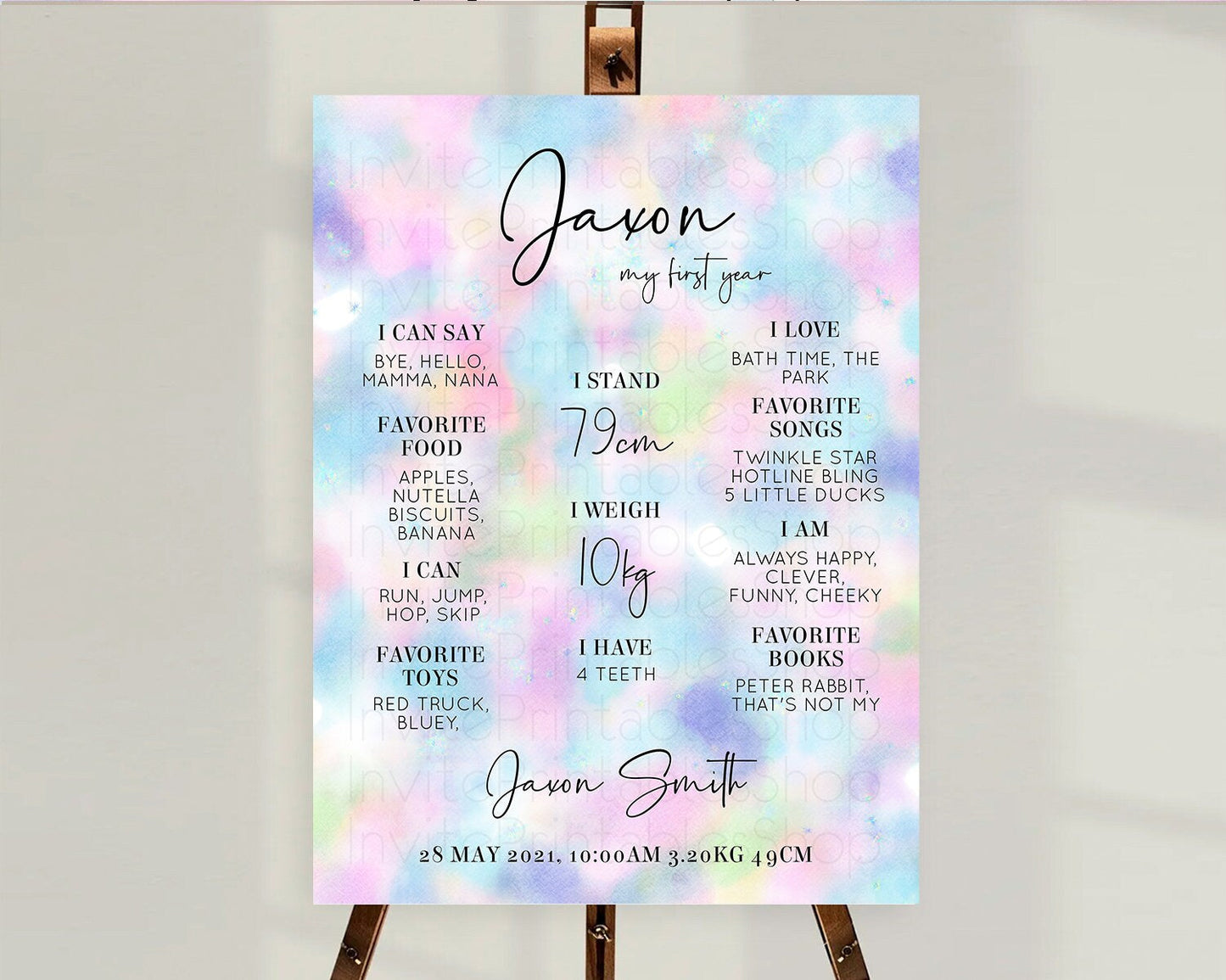 Pastel First Birthday Milestone Board Pastel Rainbow Milestone Poster Colorful Confetti Watercolor Glitter 1st Birthday Welcome Sign D10694