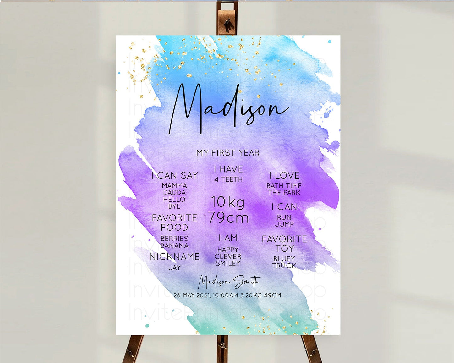 Pastel First Birthday Milestone Board Pastel Rainbow Milestone Poster Colorful Confetti Watercolor Glitter 1st Birthday Welcome Sign D10491