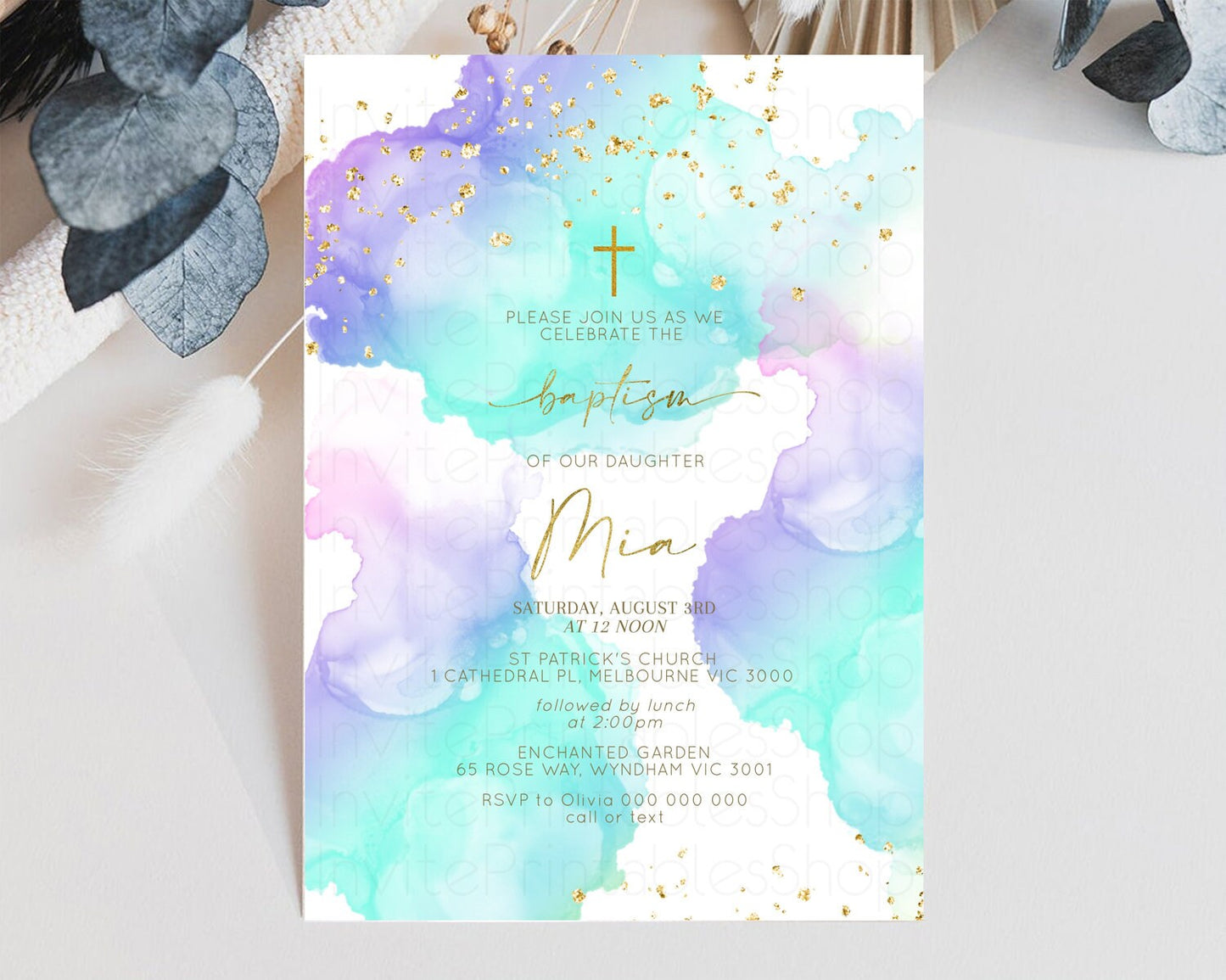 Blue Purple Baptism invitation Pastel Rainbow Christening Invite Ombre Clouds Watercolor Invite Glitter Gold Cross Religious Invite 191