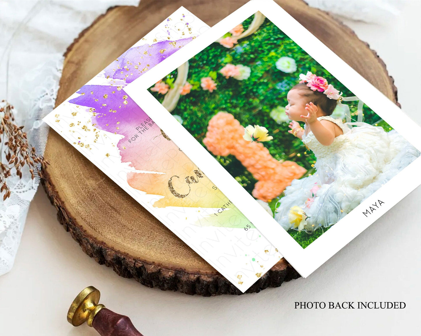 Pastel Baptism Invitation Pastel Colors Watercolor Baptism 1st Birthday Party Gold Ombre Pastel Rainbow Christening Holy Communion D10517