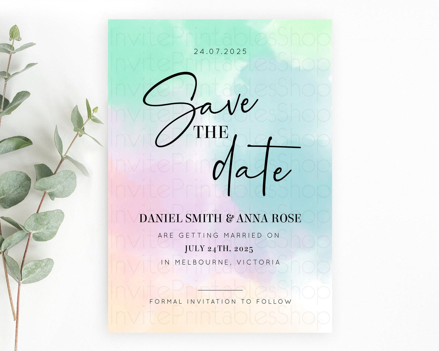 Pastel Save The Date Template Pastel Ombre Rainbow Watercolor Colorful Party For Birthday Baptism Baby Shower Wedding Bridal Shower D10375