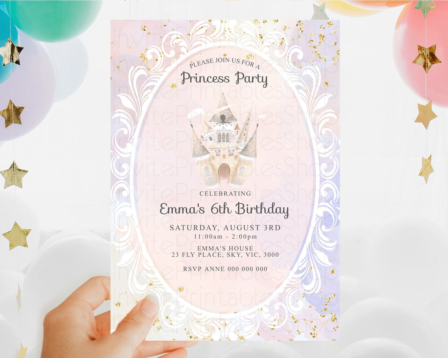 Princess Birthday Invitation Princess Invitation Pastel Invitation Royal Birthday Rainbow Color Enchanted Castle 1st First Birthday D10163