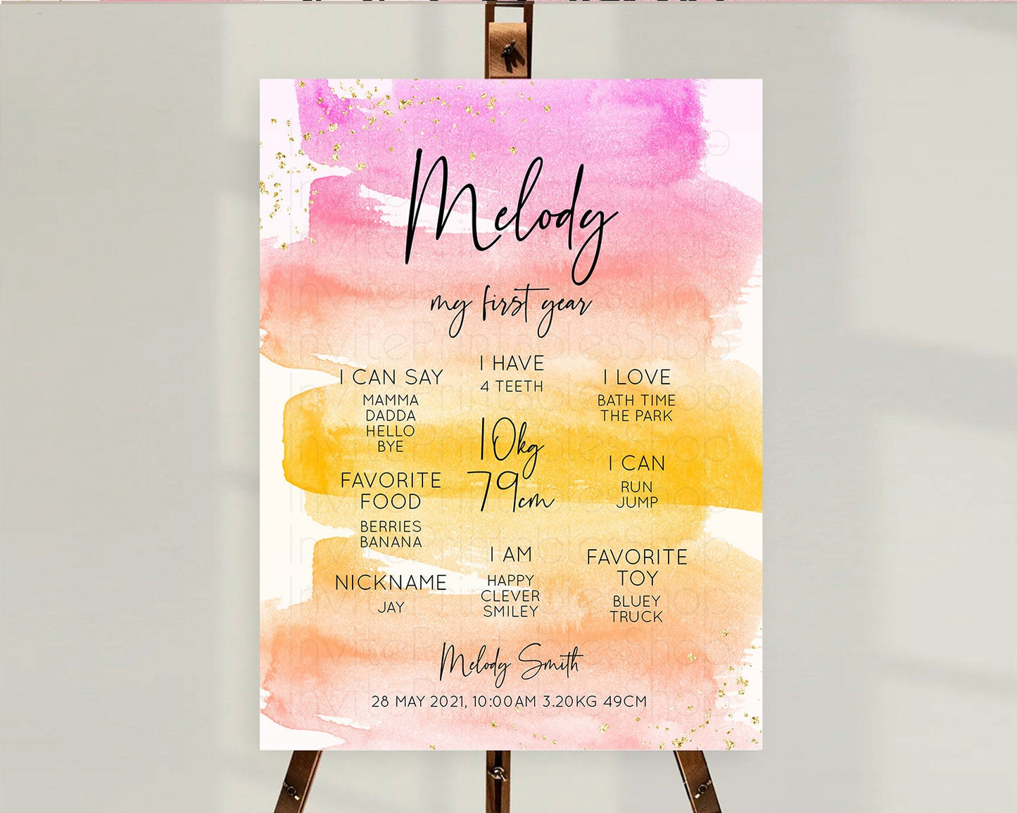 Pastel First Birthday Milestone Board Pastel Rainbow Milestone Poster Colorful Confetti Watercolor Glitter 1st Birthday Welcome Sign D10520