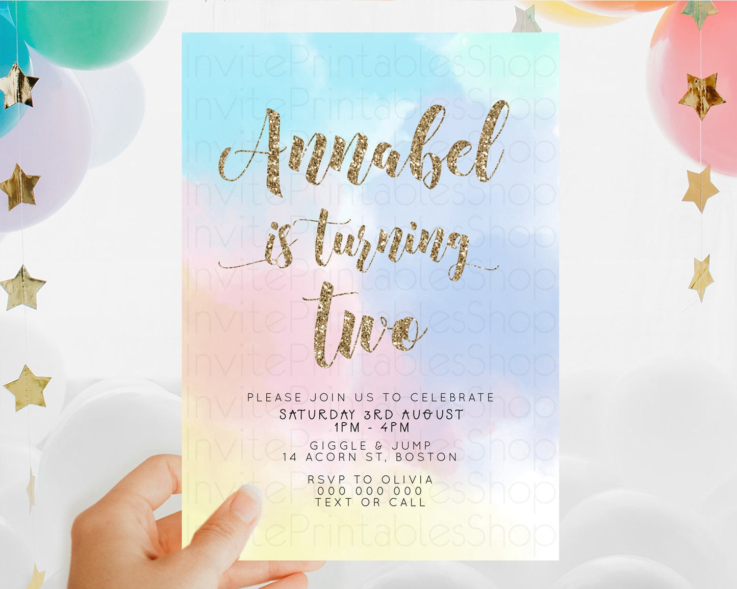 Rainbow Birthday Invitation Colorful Pastel Watercolor Invitation Gold Glitter Sprinkles Ombre Pastel 1st 2nd 3rd Birthday D10378