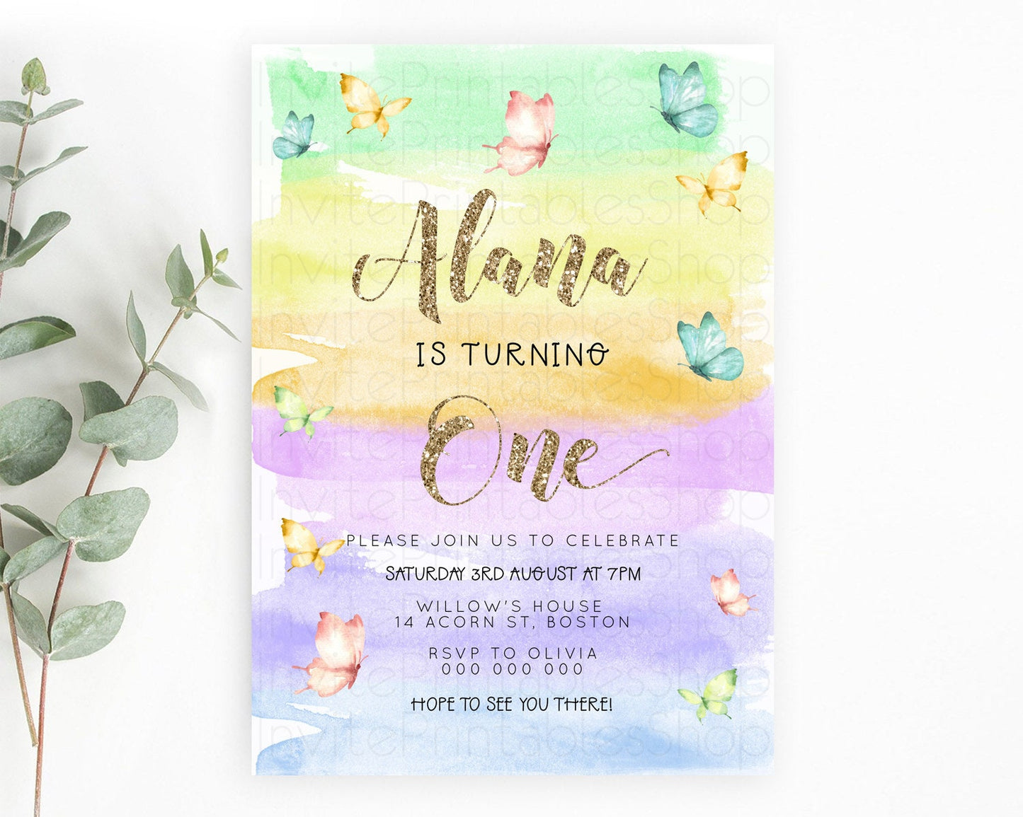 Pastel Butterfly Birthday Invitation Butterfly Birthday Invitation Colorful Splash Glitter Butterfly Garden 1st 2nd Birthday D23228