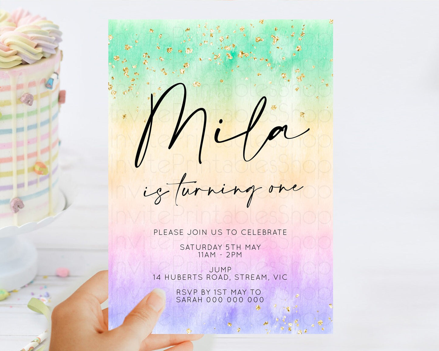 Rainbow Birthday Invitation Colorful Pastel Watercolor Invitation Gold Glitter Sprinkles Ombre Pastel 1st 2nd 3rd Birthday D10481