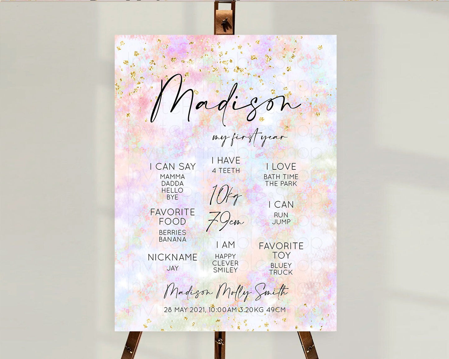 Pastel First Birthday Milestone Board Pastel Rainbow Milestone Poster Colorful Confetti Watercolor Glitter 1st Birthday Welcome Sign D10649
