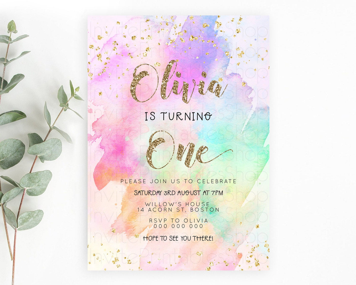 Rainbow Birthday Invitation Colorful Pastel Watercolor Invitation Gold Glitter Sprinkles Ombre Pastel 1st 2nd 3rd Birthday D23290