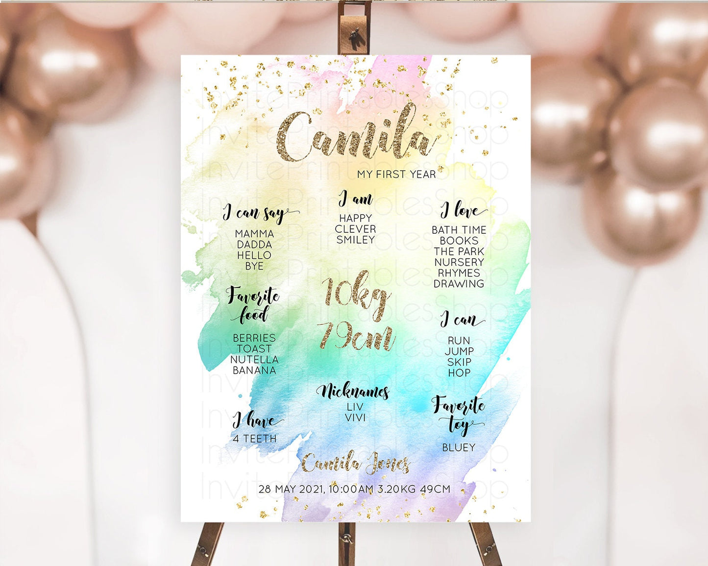 Pastel First Birthday Milestone Board Pastel Rainbow Milestone Poster Colorful Confetti Watercolor Glitter 1st Birthday Welcome Sign D10259